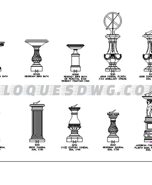 Descarga gratis bloques DWG de relojes de sol y baños para pájaros en AutoCAD
