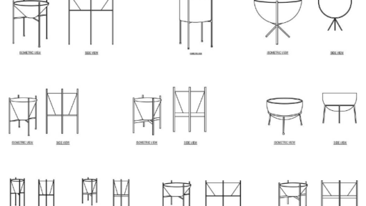 Soporte para Macetas en AutoCAD, con vistas en planta y alzado, ideales para diseño de exteriores, terrazas y jardines en DWG.