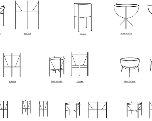 Soporte para Macetas en AutoCAD, con vistas en planta y alzado, ideales para diseño de exteriores, terrazas y jardines en DWG.