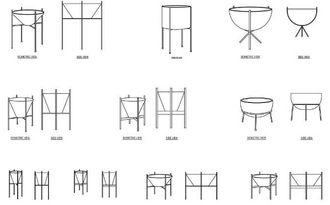Soporte para Macetas en AutoCAD, con vistas en planta y alzado, ideales para diseño de exteriores, terrazas y jardines en DWG.