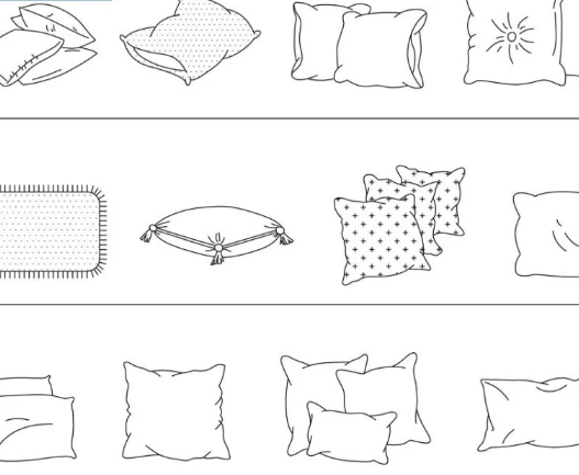Bloques AutoCAD de almohadas para proyectos de arquitectura interior, dormitorios y diseño de mobiliario en formato DWG.