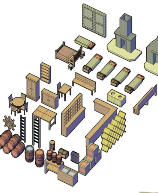 Bloques AutoCAD de mobiliario 3D con diferentes muebles para proyectos de arquitectura, diseño interior y visualización de espacios en formato DWG.