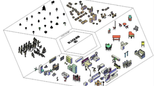Bloques AutoCAD 3D movibles para modelado arquitectónico, elementos modulares y objetos desplazables en proyectos de diseño y visualización.