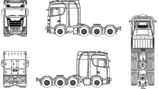 Bloques AutoCAD de camión tractor en vistas de planta, alzado lateral, frontal y posterior para proyectos de transporte, logística y diseño vial en formato DWG.