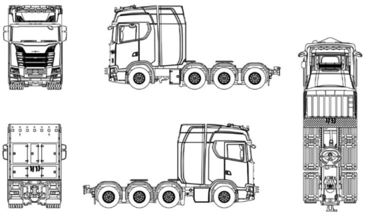 Bloques AutoCAD de camión tractor en vistas de planta, alzado lateral, frontal y posterior para proyectos de transporte, logística y diseño vial en formato DWG.
