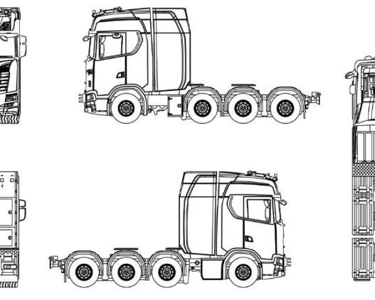Bloques AutoCAD de camión tractor en vistas de planta, alzado lateral, frontal y posterior para proyectos de transporte, logística y diseño vial en formato DWG.