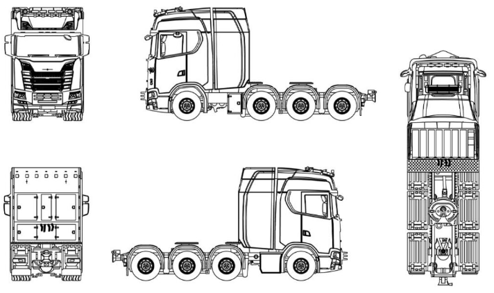 Bloques AutoCAD de camión tractor en vistas de planta, alzado lateral, frontal y posterior para proyectos de transporte, logística y diseño vial en formato DWG.