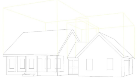 Bloque AutoCAD de casa residencial en vista 2D con estructura básica, techos inclinados y volumetría arquitectónica para proyectos de vivienda en formato DWG.