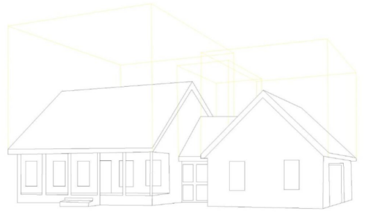 Bloque AutoCAD de casa residencial en vista 2D con estructura básica, techos inclinados y volumetría arquitectónica para proyectos de vivienda en formato DWG.