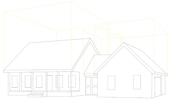 Bloque AutoCAD de casa residencial en vista 2D con estructura básica, techos inclinados y volumetría arquitectónica para proyectos de vivienda en formato DWG.