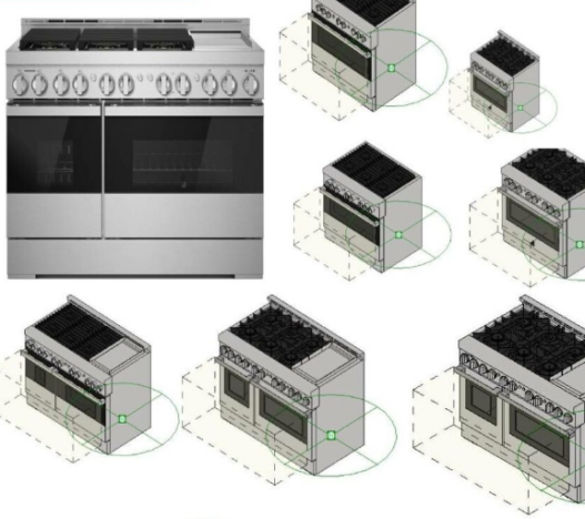 Bloque AutoCAD de cocina a gas profesional con quemadores y horno para proyectos de diseño de cocinas industriales y restaurantes en formato DWG.