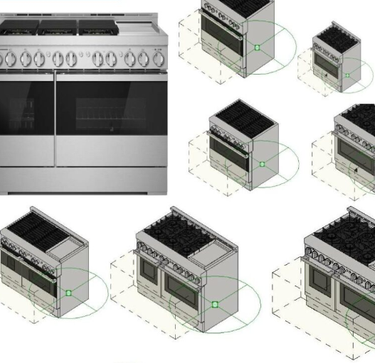 Bloque AutoCAD de cocina a gas profesional con quemadores y horno para proyectos de diseño de cocinas industriales y restaurantes en formato DWG.