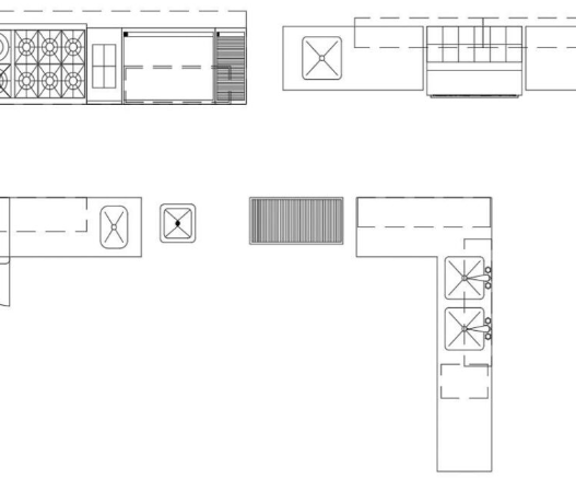 Bloques AutoCAD de cocina industrial con equipos gastronómicos como cocinas, campanas, mesas de trabajo y fregaderos para proyectos de restaurantes y espacios comerciales en DWG.