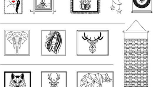 Bloques AutoCAD de decoración de pared con cuadros y elementos decorativos para proyectos de diseño interior y arquitectura en formato DWG.