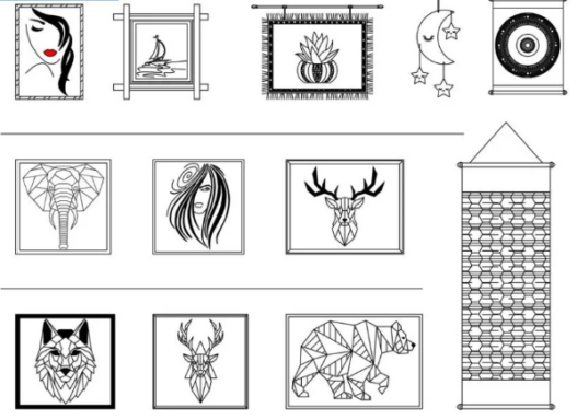 Bloques AutoCAD de decoración de pared con cuadros y elementos decorativos para proyectos de diseño interior y arquitectura en formato DWG.