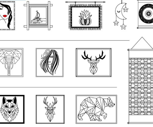 Bloques AutoCAD de decoración de pared con cuadros y elementos decorativos para proyectos de diseño interior y arquitectura en formato DWG.