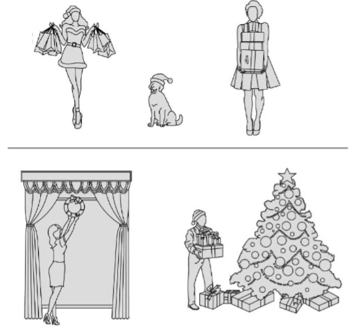 Bloques AutoCAD de decoraciones navideñas con árbol de Navidad, adornos y elementos festivos para proyectos de diseño interior y decoración en formato DWG.