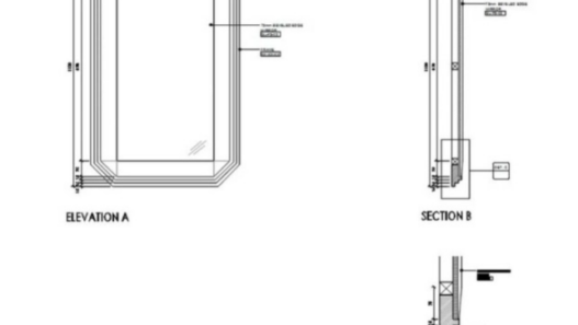 Detalle constructivo de espejo con marco en AutoCAD DWG mostrando elevación, sección y detalles de instalación para proyectos de arquitectura e interiorismo.