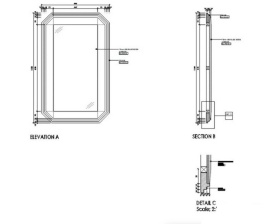 Detalle constructivo de espejo con marco en AutoCAD DWG mostrando elevación, sección y detalles de instalación para proyectos de arquitectura e interiorismo.
