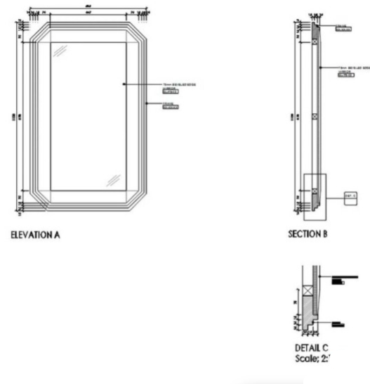 Detalle constructivo de espejo con marco en AutoCAD DWG mostrando elevación, sección y detalles de instalación para proyectos de arquitectura e interiorismo.
