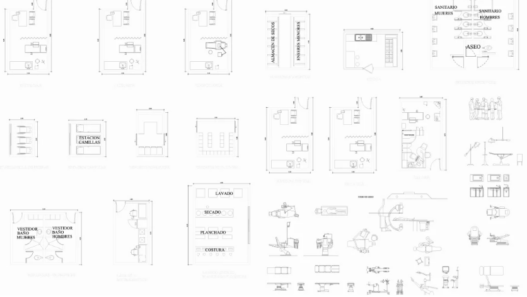 Colección de bloques AutoCAD de equipamiento hospitalario con consultorios médicos, estaciones de camillas, áreas de lavado, planchado, vestidores y sanitarios en planta y alzado.