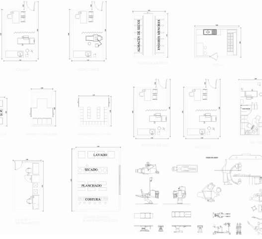 Colección de bloques AutoCAD de equipamiento hospitalario con consultorios médicos, estaciones de camillas, áreas de lavado, planchado, vestidores y sanitarios en planta y alzado.