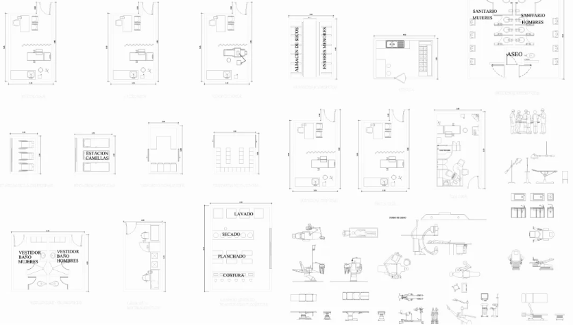 Colección de bloques AutoCAD de equipamiento hospitalario con consultorios médicos, estaciones de camillas, áreas de lavado, planchado, vestidores y sanitarios en planta y alzado.