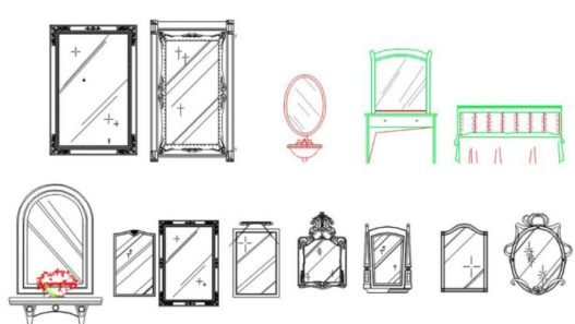 Bloque AutoCAD de espejo de maquillaje con iluminación para proyectos de diseño interior, tocadores y mobiliario de dormitorio en formato DWG.