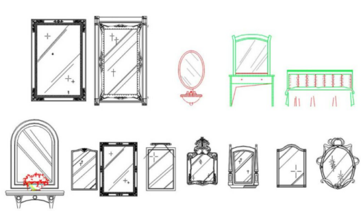 Bloque AutoCAD de espejo de maquillaje con iluminación para proyectos de diseño interior, tocadores y mobiliario de dormitorio en formato DWG.