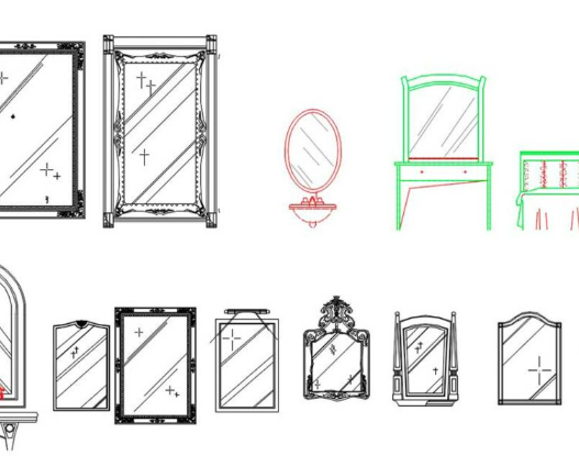 Bloque AutoCAD de espejo de maquillaje con iluminación para proyectos de diseño interior, tocadores y mobiliario de dormitorio en formato DWG.