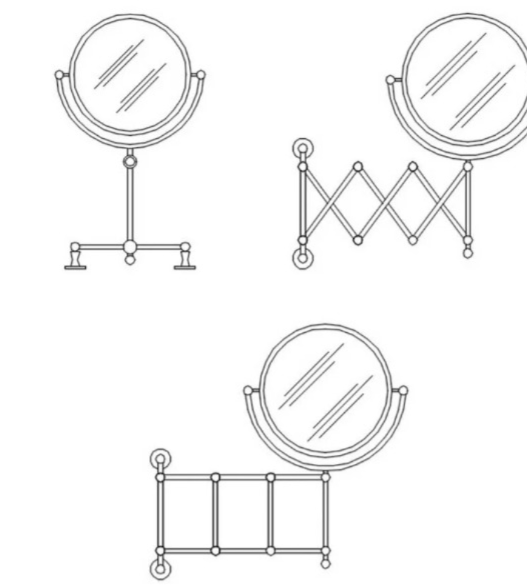 Bloques AutoCAD de espejos de tocador y espejos de maquillaje con soporte para proyectos de diseño interior, baños y dormitorios en formato DWG.