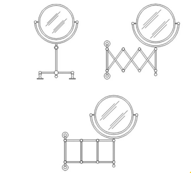 Bloques AutoCAD de espejos de tocador y espejos de maquillaje con soporte para proyectos de diseño interior, baños y dormitorios en formato DWG.