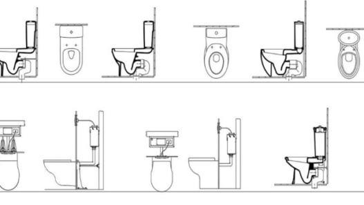Bloques AutoCAD de inodoros con diferentes estilos en vistas de planta, alzado y sección para proyectos de baños y diseño sanitario en formato DWG.