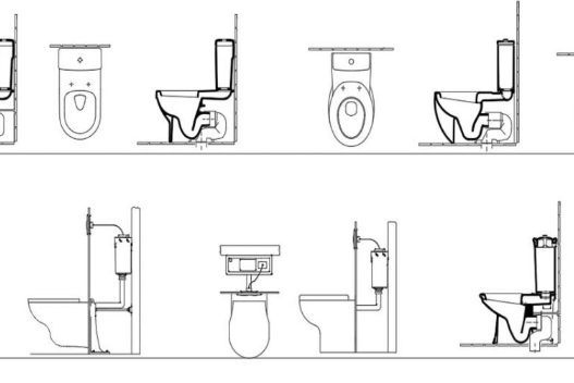 Bloques AutoCAD de inodoros con diferentes estilos en vistas de planta, alzado y sección para proyectos de baños y diseño sanitario en formato DWG.