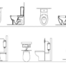 Bloques AutoCAD de inodoros con diferentes estilos en vistas de planta, alzado y sección para proyectos de baños y diseño sanitario en formato DWG.
