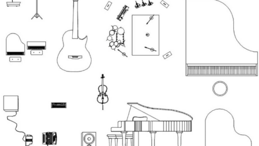 Bloques AutoCAD de instrumentos musicales en formato CAD para proyectos de arquitectura, diseño interior, auditorios y espacios culturales en DWG.
