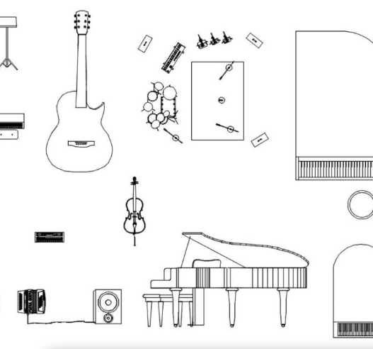 Bloques AutoCAD de instrumentos musicales en formato CAD para proyectos de arquitectura, diseño interior, auditorios y espacios culturales en DWG.