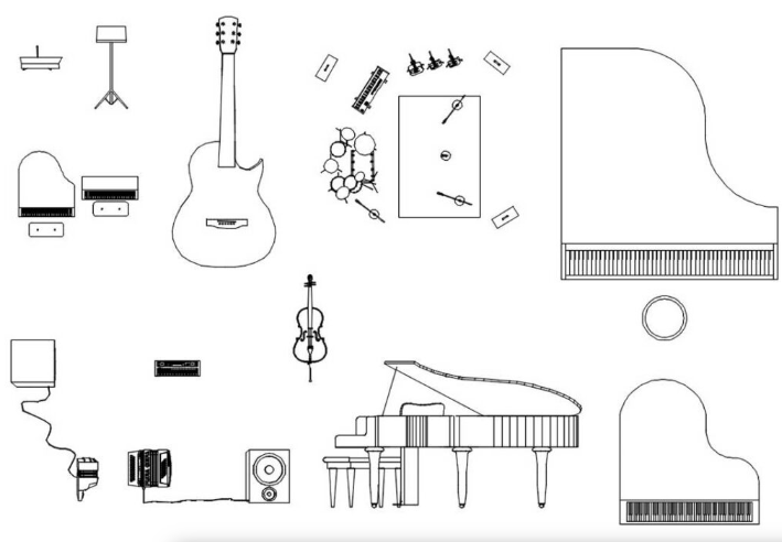 Bloques AutoCAD de instrumentos musicales en formato CAD para proyectos de arquitectura, diseño interior, auditorios y espacios culturales en DWG.