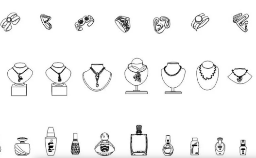 Bloques AutoCAD de joyería y accesorios de lujo como anillos, collares y pulseras para proyectos de diseño comercial, vitrinas y tiendas de joyería en formato DWG.