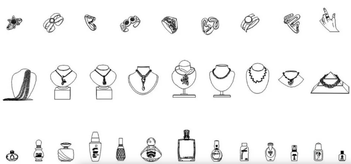 Bloques AutoCAD de joyería y accesorios de lujo como anillos, collares y pulseras para proyectos de diseño comercial, vitrinas y tiendas de joyería en formato DWG.