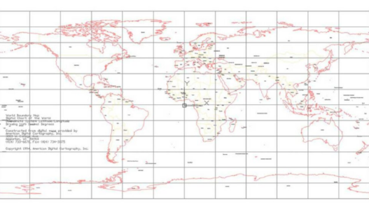 Mapa mundial en AutoCAD DWG con cuadrícula geográfica y contornos de continentes para proyectos de cartografía, arquitectura, urbanismo y presentaciones técnicas.