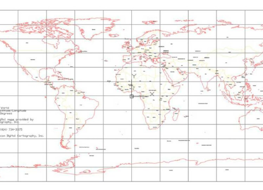 Mapa mundial en AutoCAD DWG con cuadrícula geográfica y contornos de continentes para proyectos de cartografía, arquitectura, urbanismo y presentaciones técnicas.