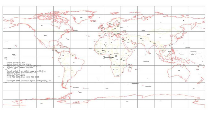 Mapa mundial en AutoCAD DWG con cuadrícula geográfica y contornos de continentes para proyectos de cartografía, arquitectura, urbanismo y presentaciones técnicas.