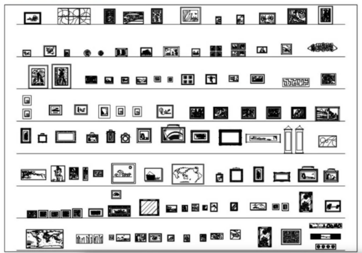 Bloques AutoCAD de marcos de fotos decorativos para proyectos de diseño interior, decoración de paredes y representación de elementos decorativos en planos DWG.