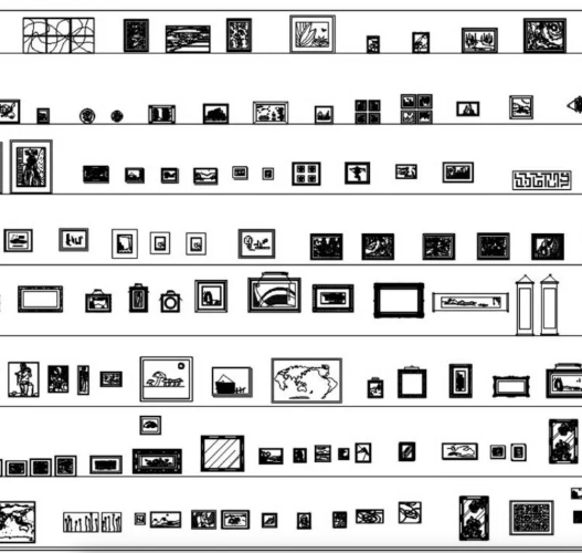 Bloques AutoCAD de marcos de fotos decorativos para proyectos de diseño interior, decoración de paredes y representación de elementos decorativos en planos DWG.