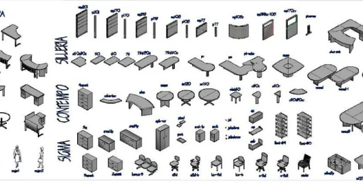 Mobiliario de Oficina 3D en AutoCAD con escritorios, sillas, estaciones de trabajo y muebles administrativos para proyectos de arquitectura e interiorismo.