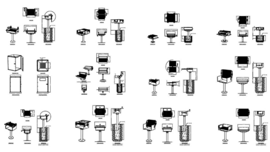 Bloques AutoCAD de parrillas de carbón para diseño de cocinas exteriores, áreas BBQ y espacios recreativos en formato DWG.
