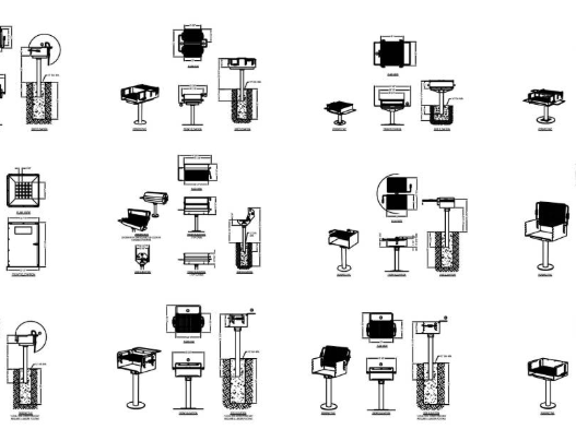 Bloques AutoCAD de parrillas de carbón para diseño de cocinas exteriores, áreas BBQ y espacios recreativos en formato DWG.