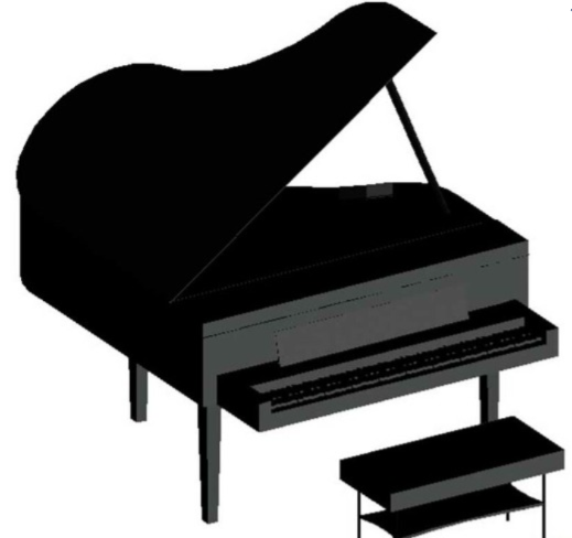Bloque AutoCAD de piano 3D para proyectos de arquitectura interior, diseño de salas de música y espacios culturales en formato DWG.