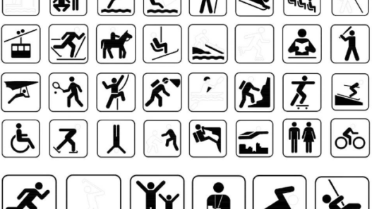 Colección de pictogramas deportivos en bloques AutoCAD DWG con iconos de natación, ciclismo, fútbol, atletismo, esquí y actividades recreativas.